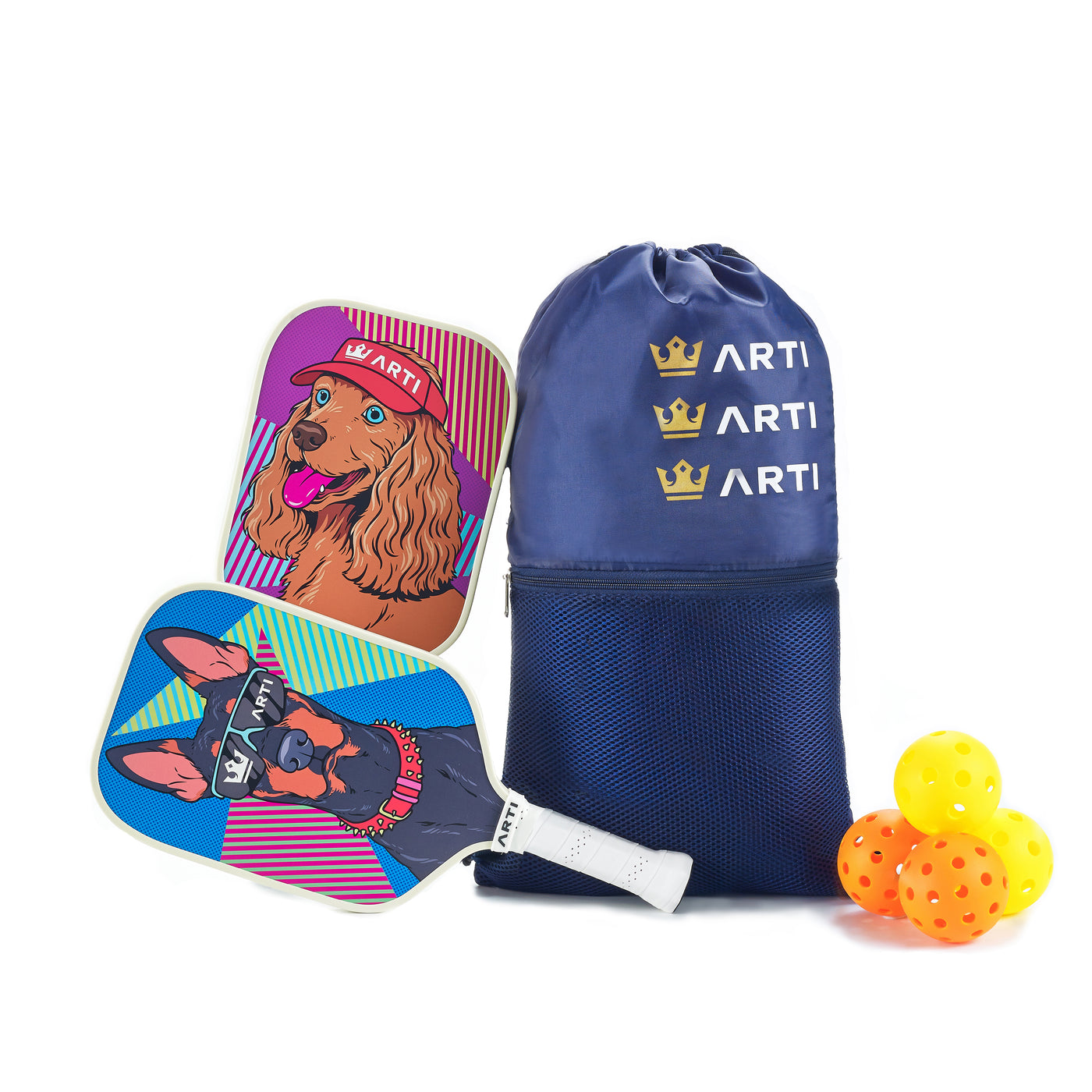 ARTI Dogs fiberglass pickleball paddle set leaning on carry bag with four outdoor pickleballs (image 4)