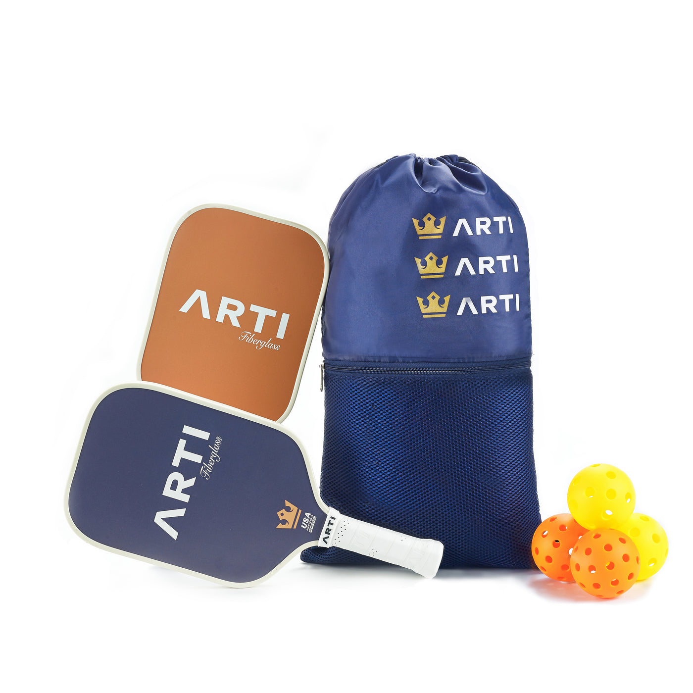 ARTI Dogs fiberglass pickleball paddle set back faces with carry bag and balls (image 7)