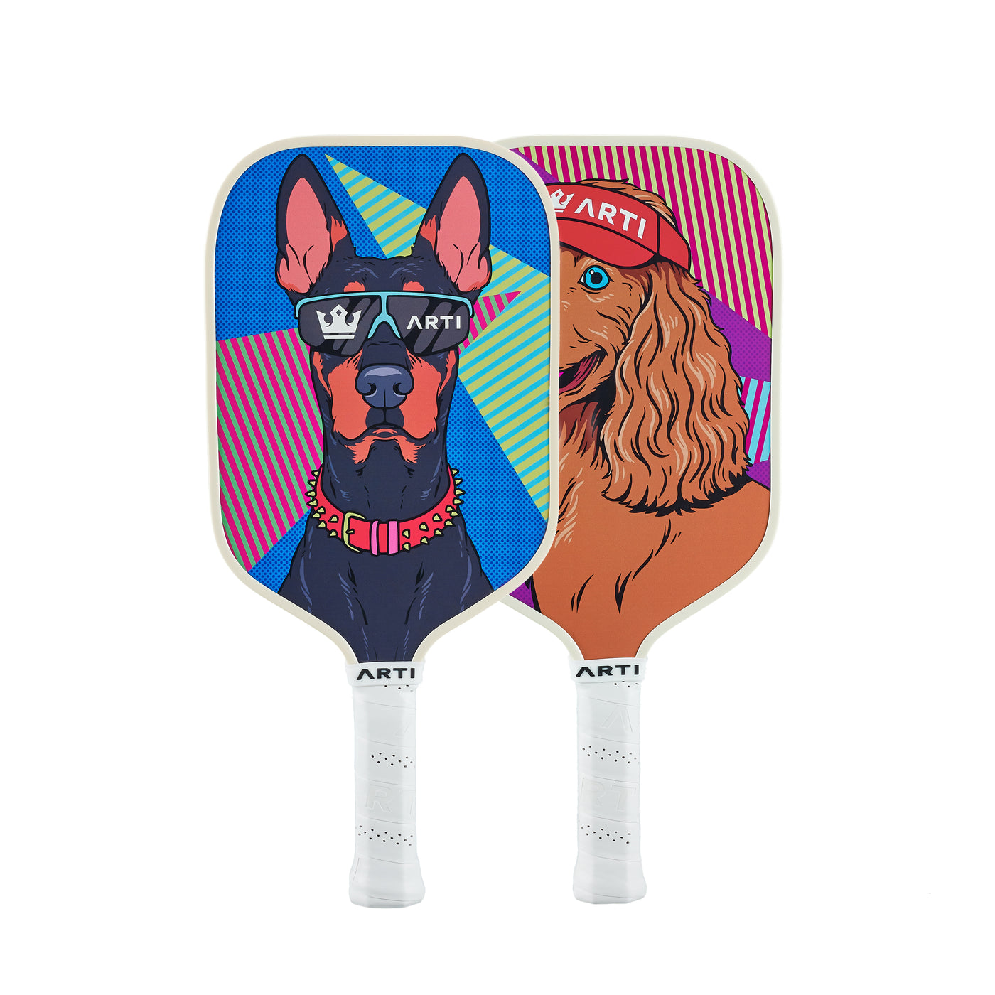 ARTI Dogs fiberglass pickleball paddle set with pop-art visor pup and Doberman artwork (image 2)