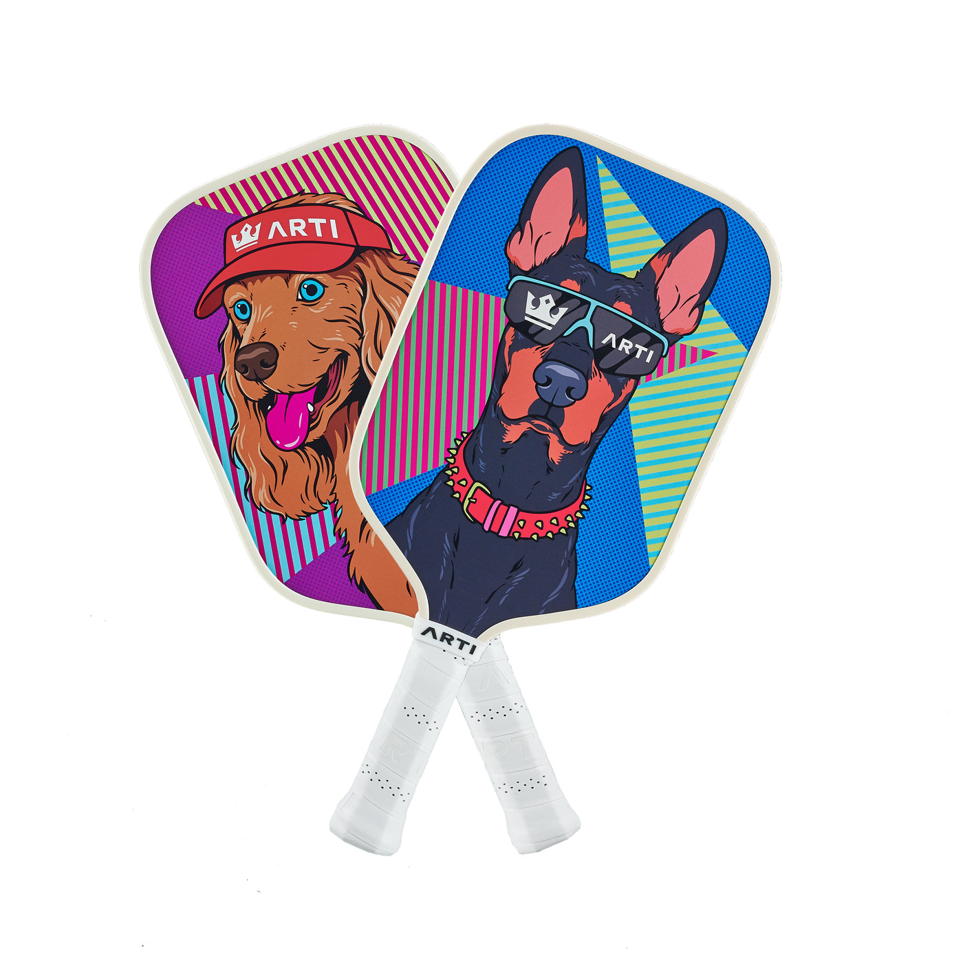 ARTI Dogs fiberglass pickleball paddles crossed, showing pop-art dog artwork (image 3)