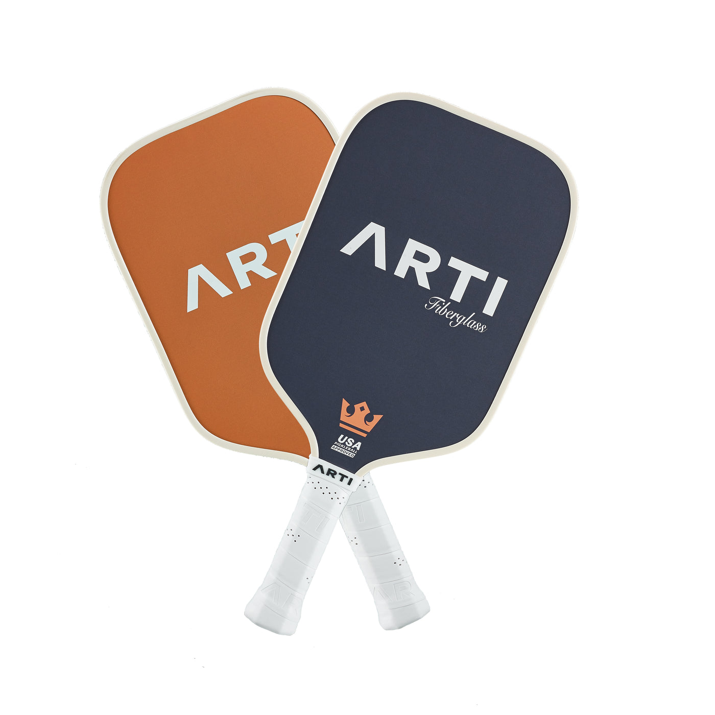 ARTI Dogs fiberglass pickleball paddles, navy and terracotta back faces crossed (image 6)
