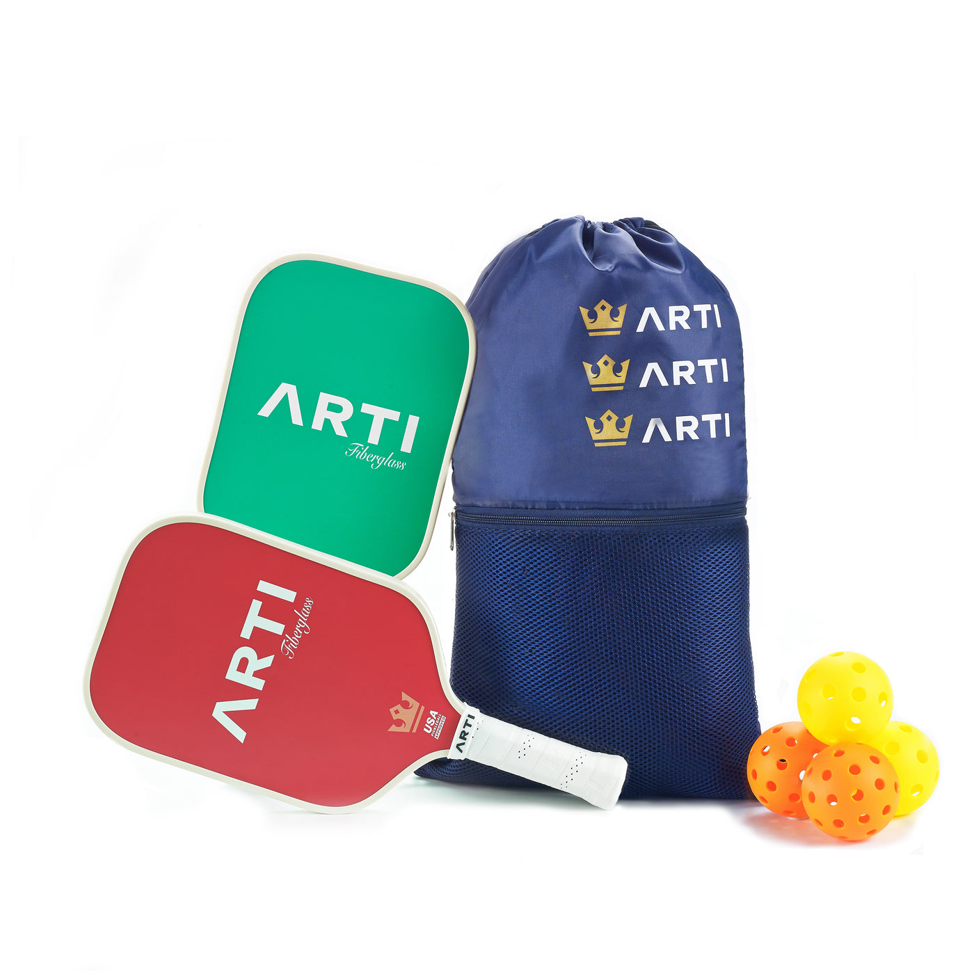 ARTI Drinks fiberglass pickleball paddle set back faces with carry bag and balls (image 7)