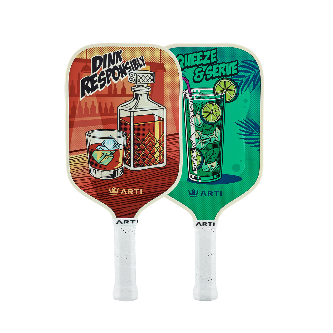 ARTI Drinks fiberglass pickleball paddle set with Squeeze & Serve mojito and Dink Responsibly whiskey pop-art (image 2)