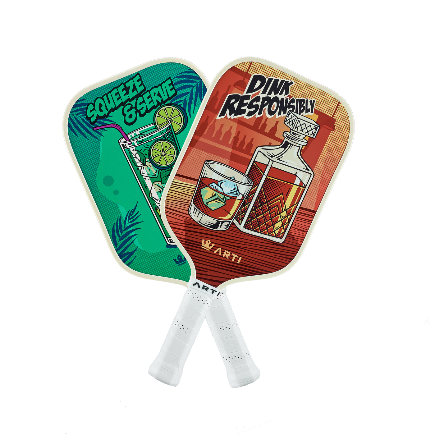 ARTI Drinks fiberglass pickleball paddles crossed, showing pop-art drink artwork (image 3)