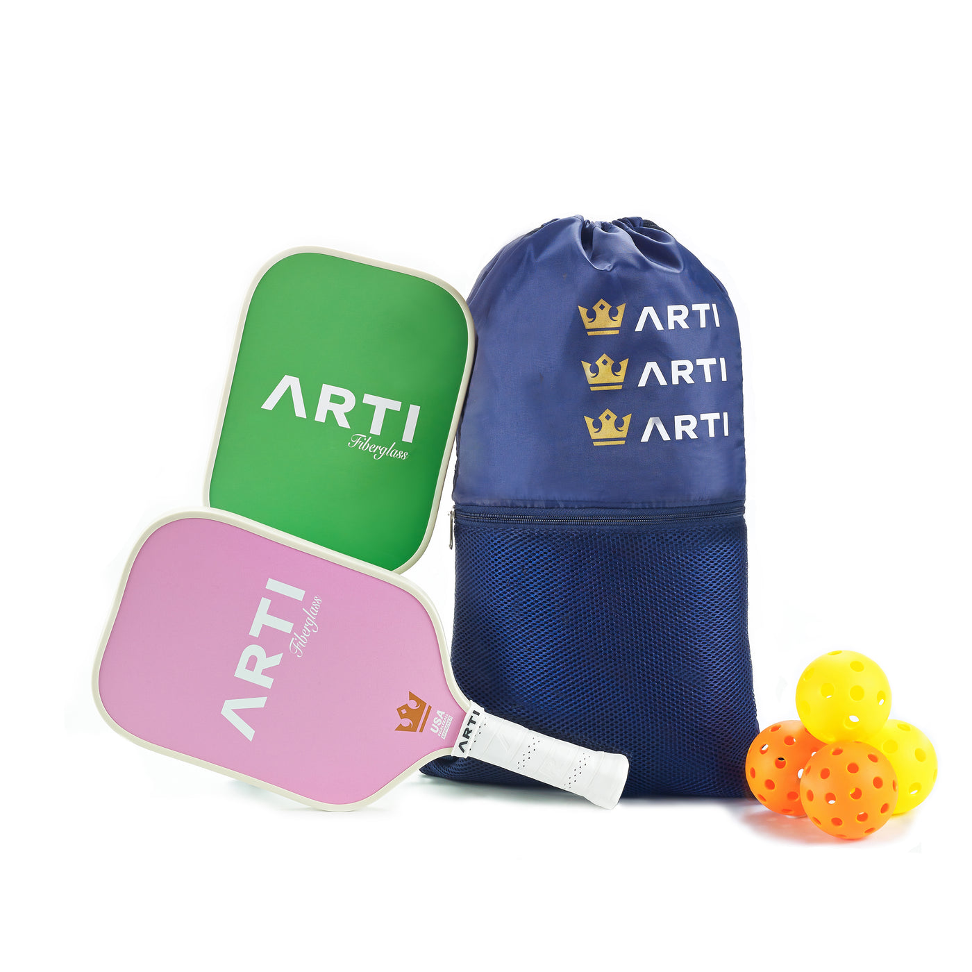 ARTI Golf Course fiberglass pickleball paddle set back faces with carry bag and balls (image 7)