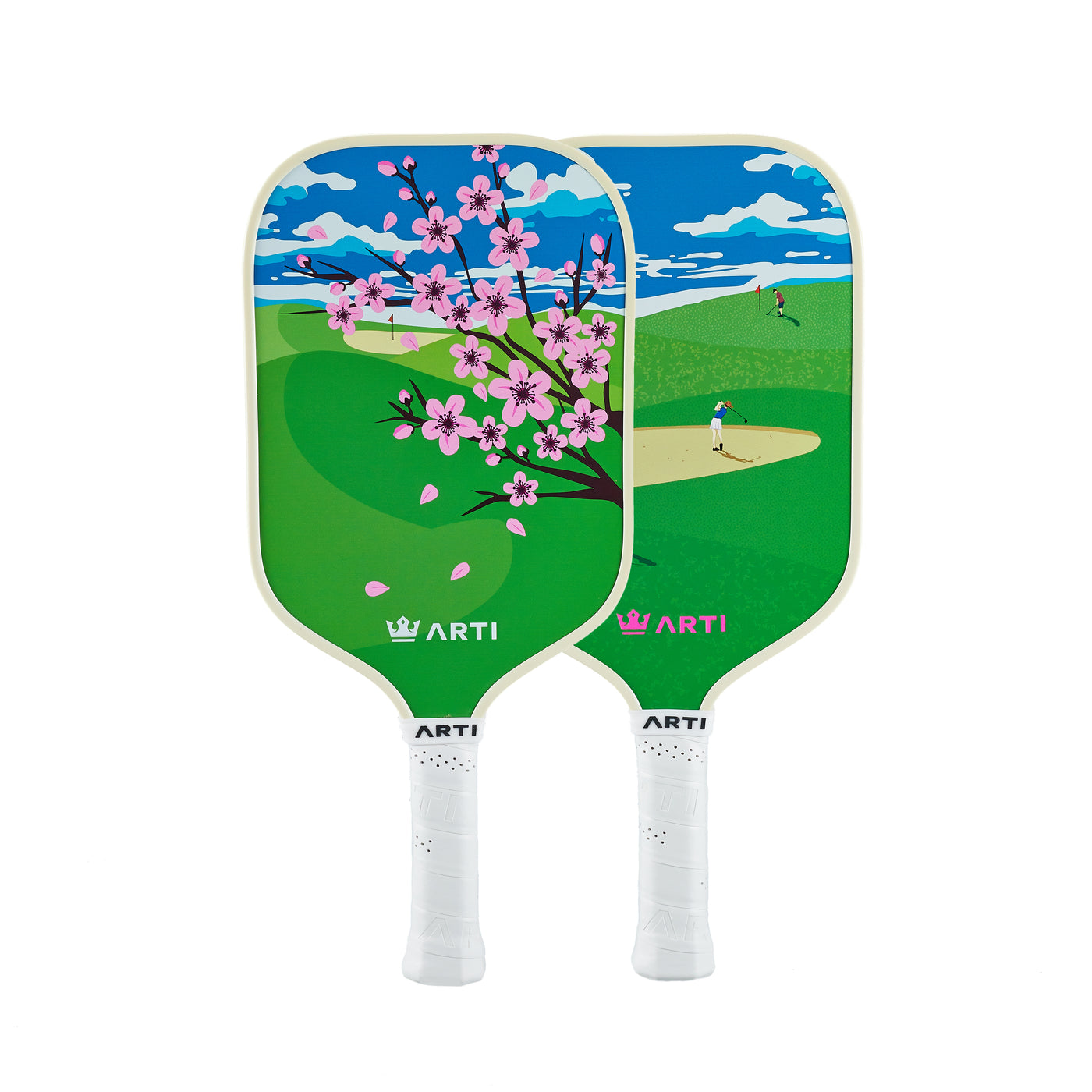 ARTI Golf Course fiberglass pickleball paddle set with cherry blossom and fairway artwork (image 2)