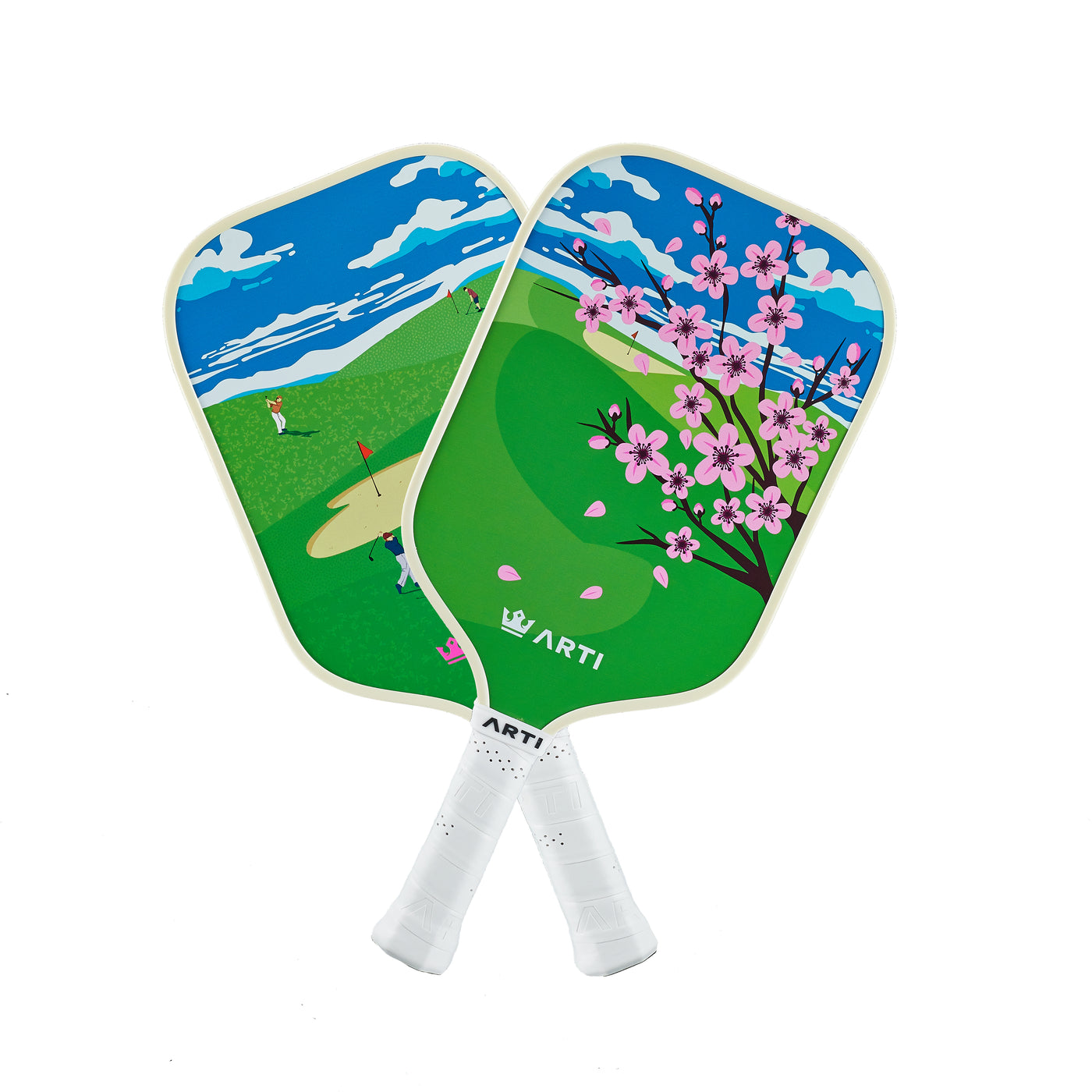 ARTI Golf Course fiberglass pickleball paddle set with cherry blossom and fairway artwork (image 3)