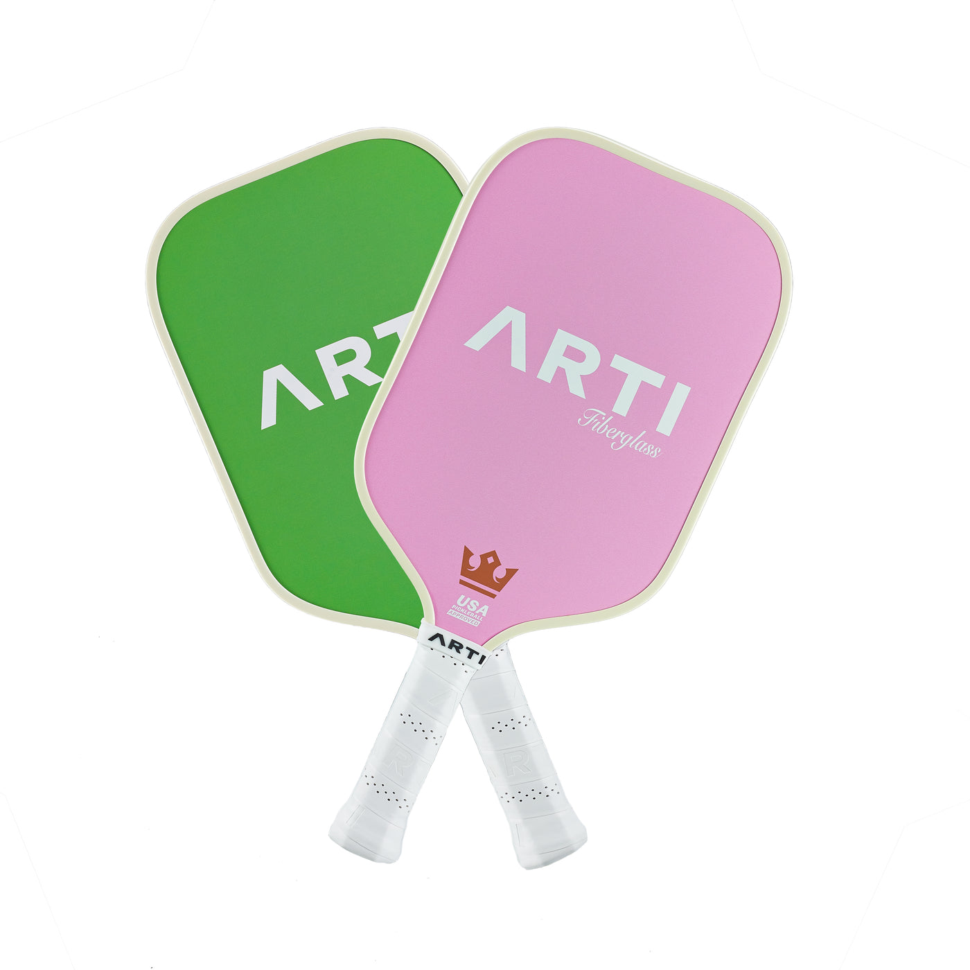 ARTI Golf Course fiberglass pickleball paddles, green and pink back faces crossed (image 6)