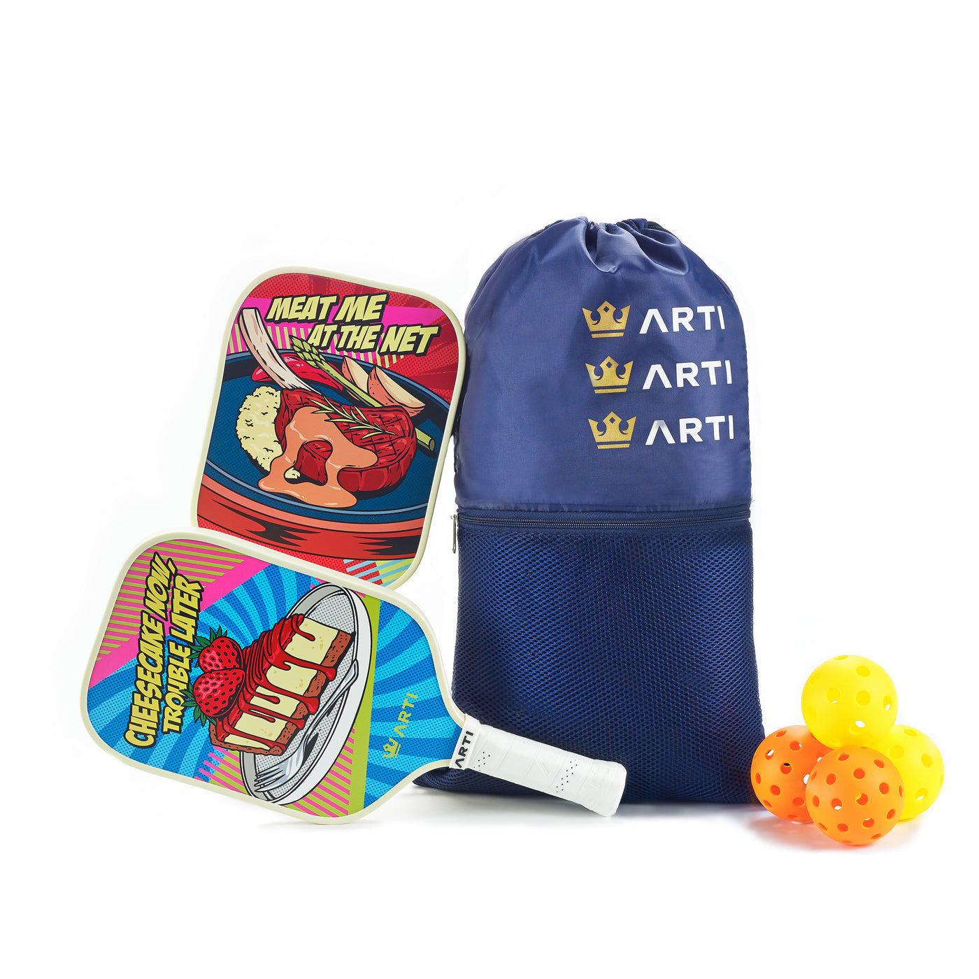 ARTI Dinner & Dessert fiberglass pickleball paddle set with carry bag and four outdoor pickleballs (image 4)