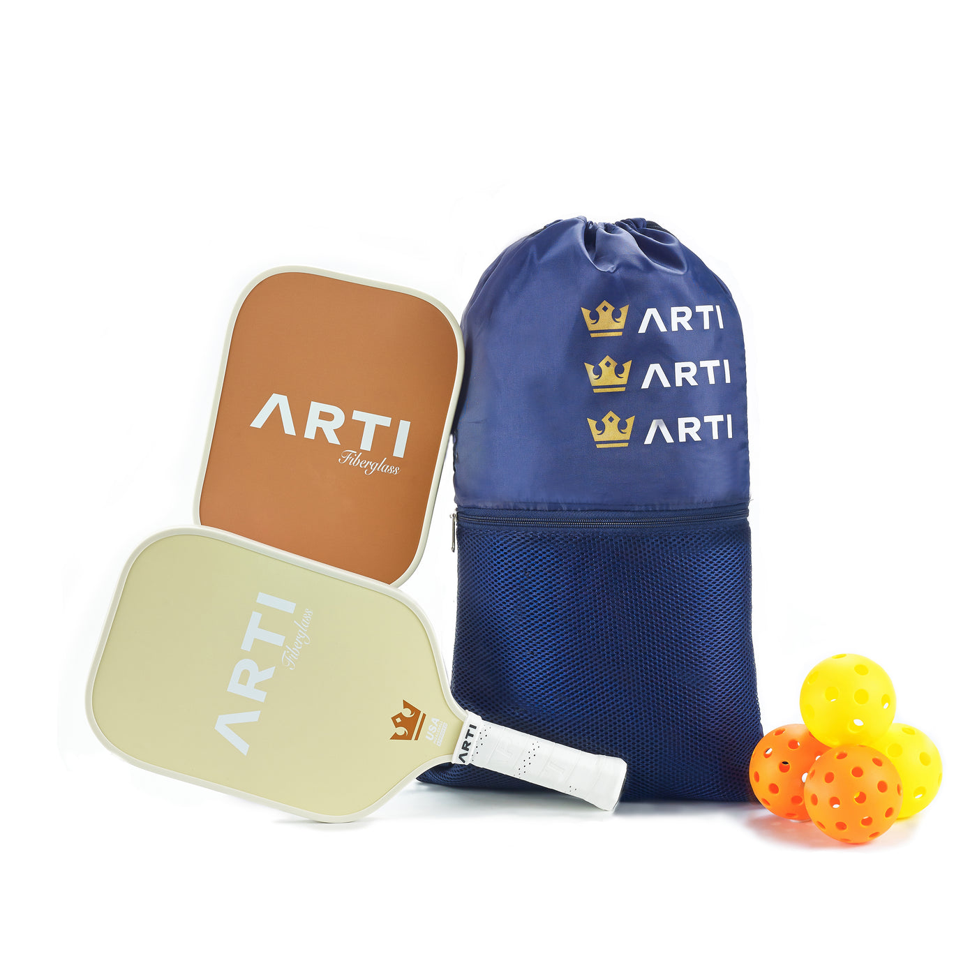 ARTI Dinner & Dessert fiberglass pickleball paddle set back faces with carry bag and balls (image 7)