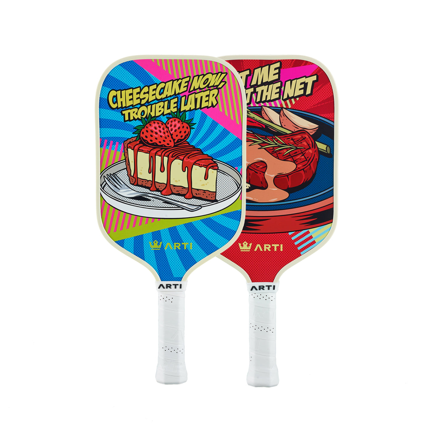 ARTI Dinner & Dessert fiberglass pickleball paddle set with pop-art steak and cheesecake artwork (image 2)