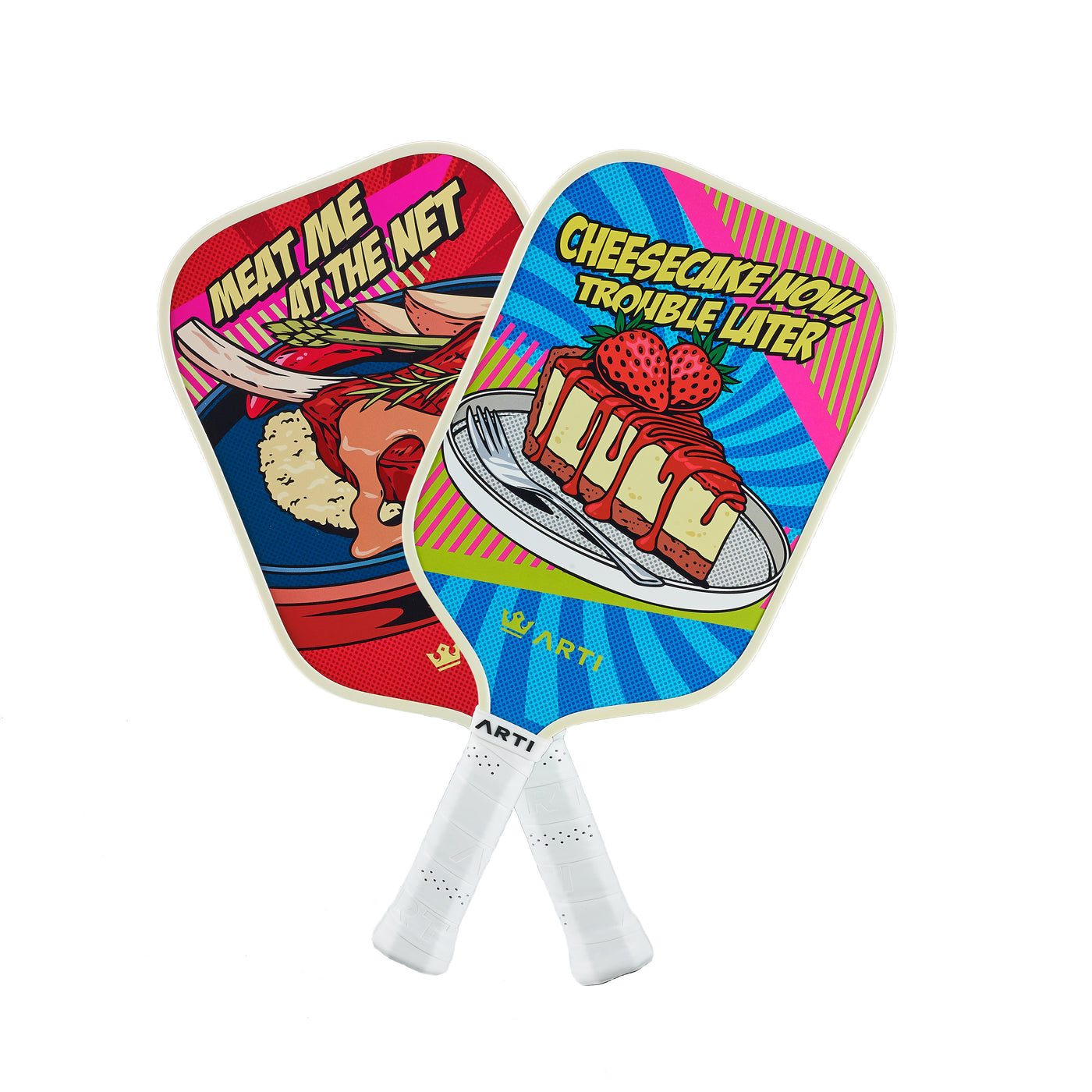 ARTI Dinner & Dessert fiberglass pickleball paddle set with pop-art steak and cheesecake artwork (image 3)