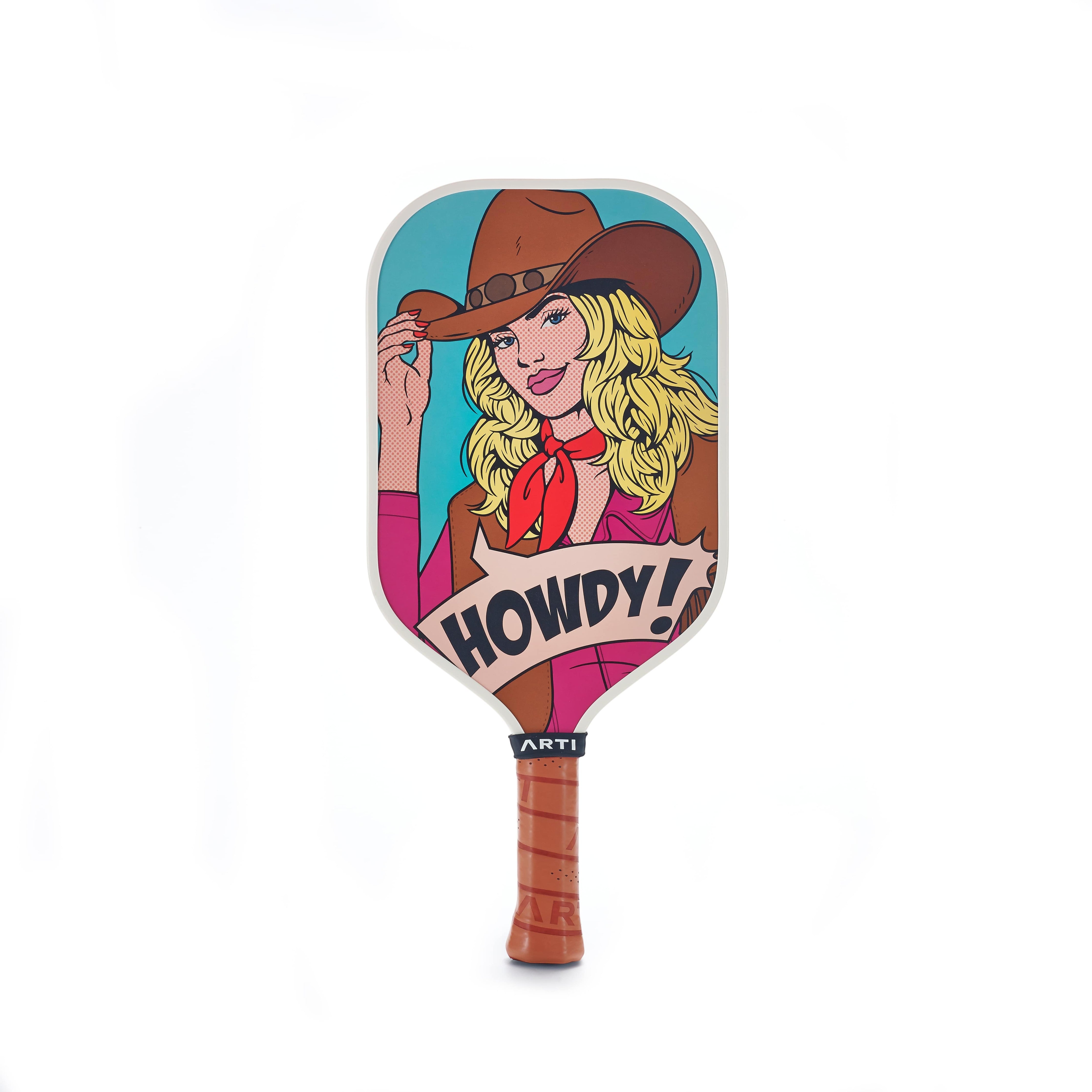 ARTI 16mm carbon fiber pickleball paddle with pop-art design of a blonde cowgirl saying HOWDY!