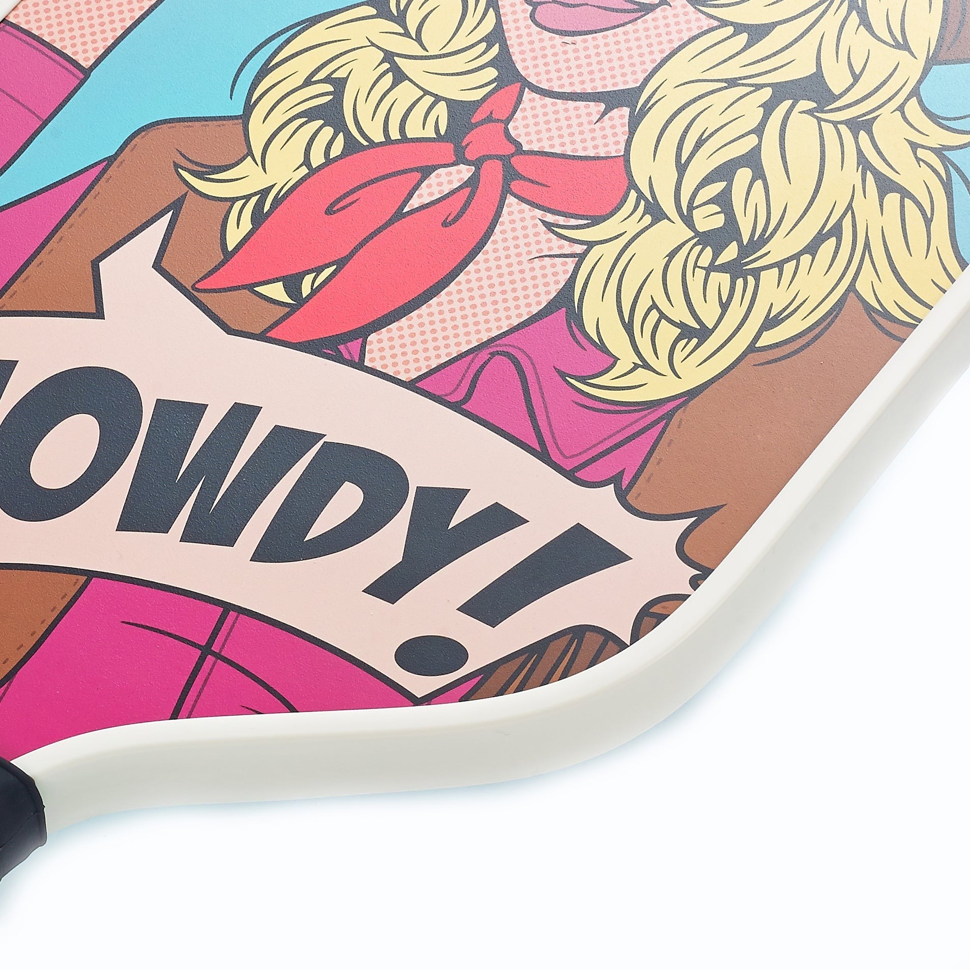ARTI "HOWDY" pickleball paddle with pop-art design of a blonde cowgirl and red bandana. Carbon fiber face.