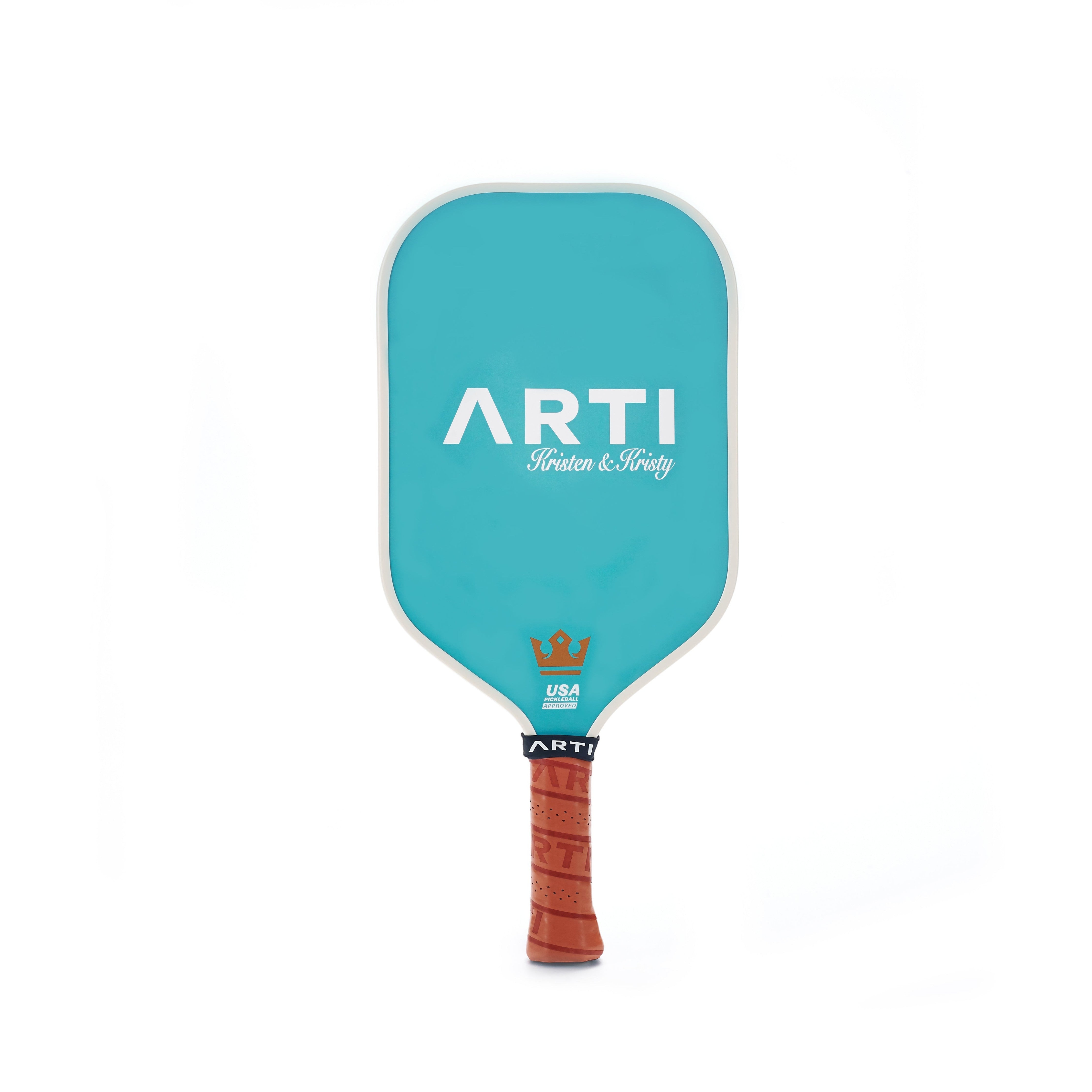 ARTI Kristen & Kristy "HOWDY" pickleball paddle in turquoise with white ARTI logo and USA Pickleball approved stamp. Features a brown grip.